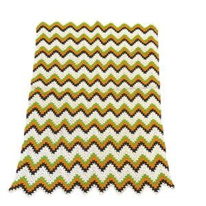 Vintage 70s Crochet Afghan Throw Blanket Cream Green Brown Orange Medium